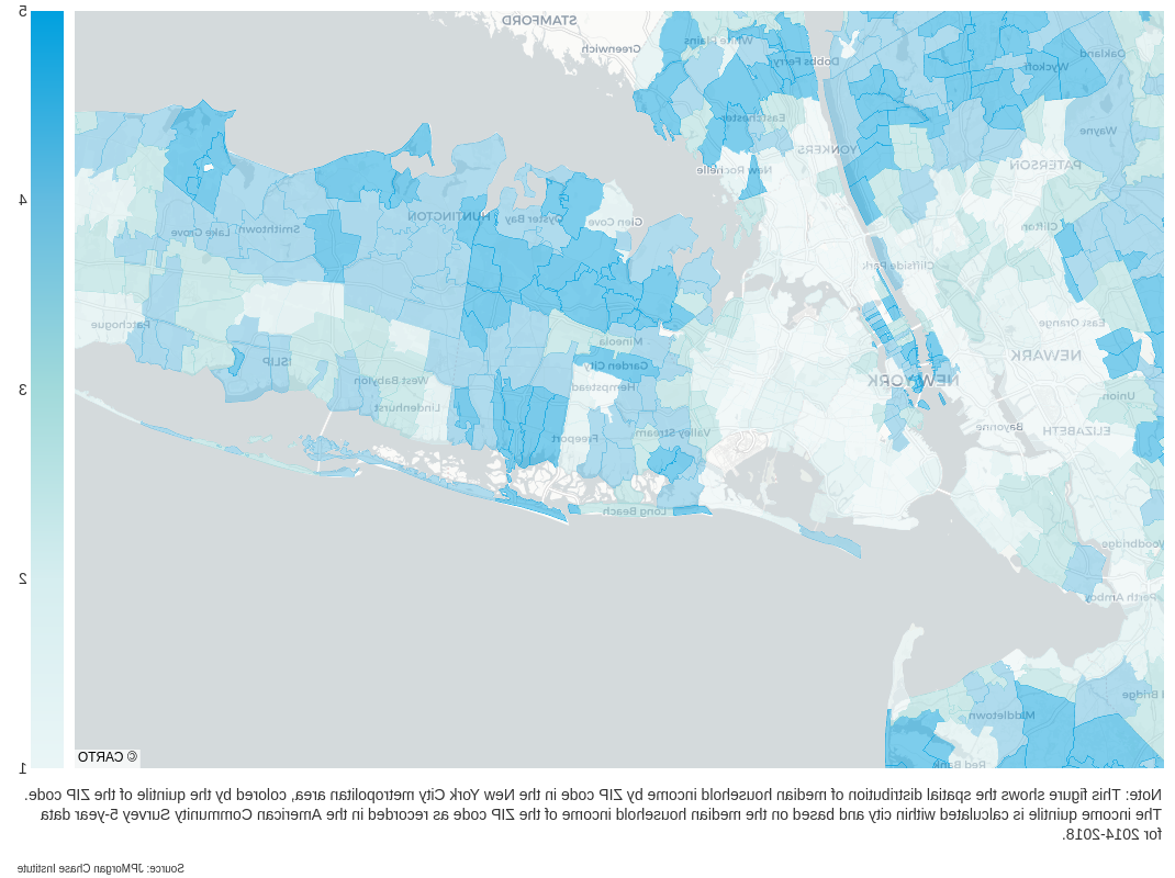 信息图按家庭收入中位数五分位数描述了纽约大都会区社区