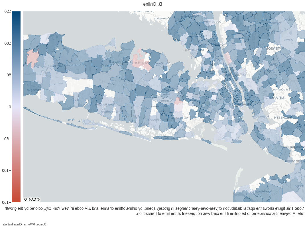 信息图描述了纽约地铁地区的在线杂货消费，显示了不同社区的不同增长